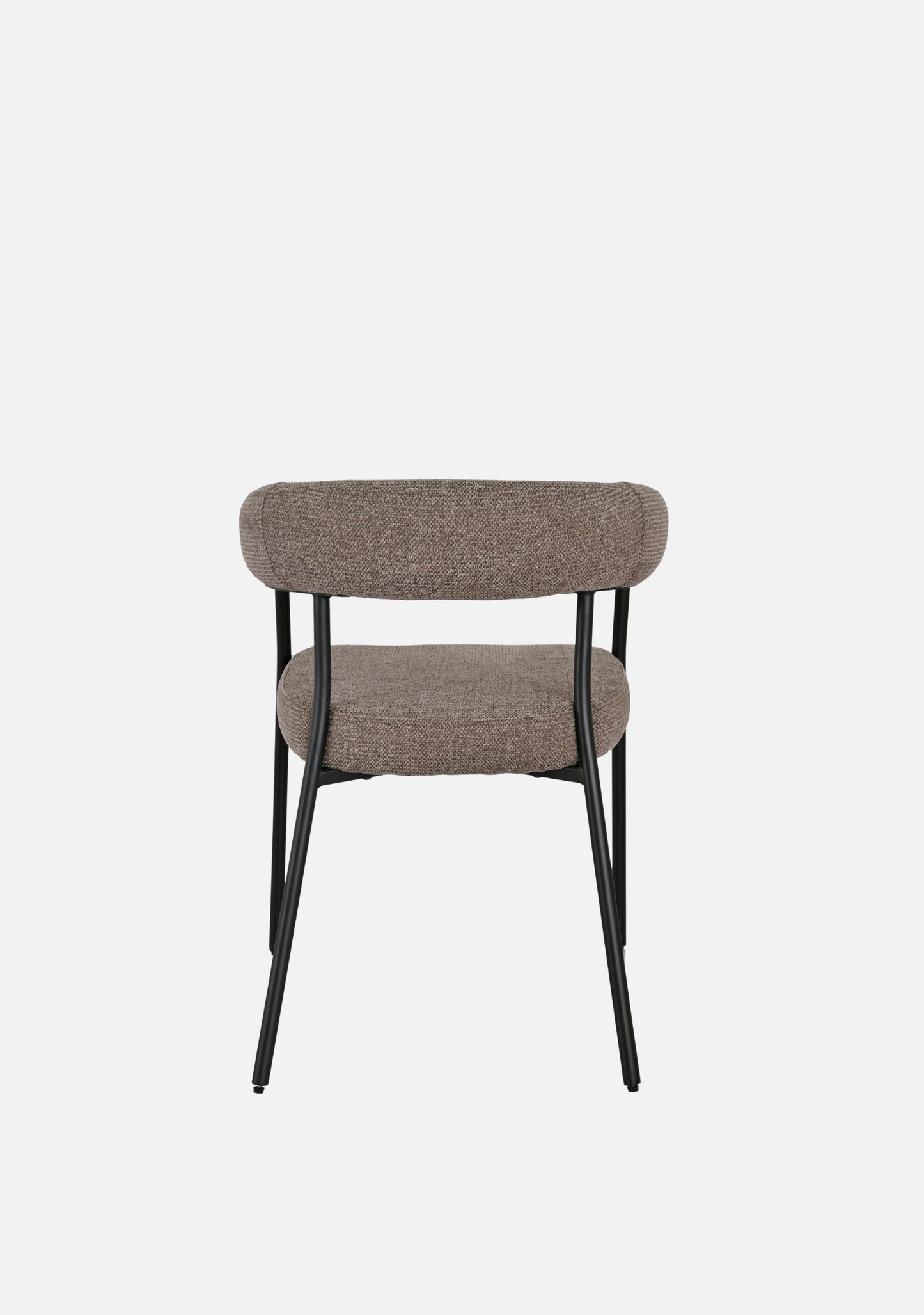 Rear view of Trivio brown upholstered dining chair with curved backrest and black steel legs