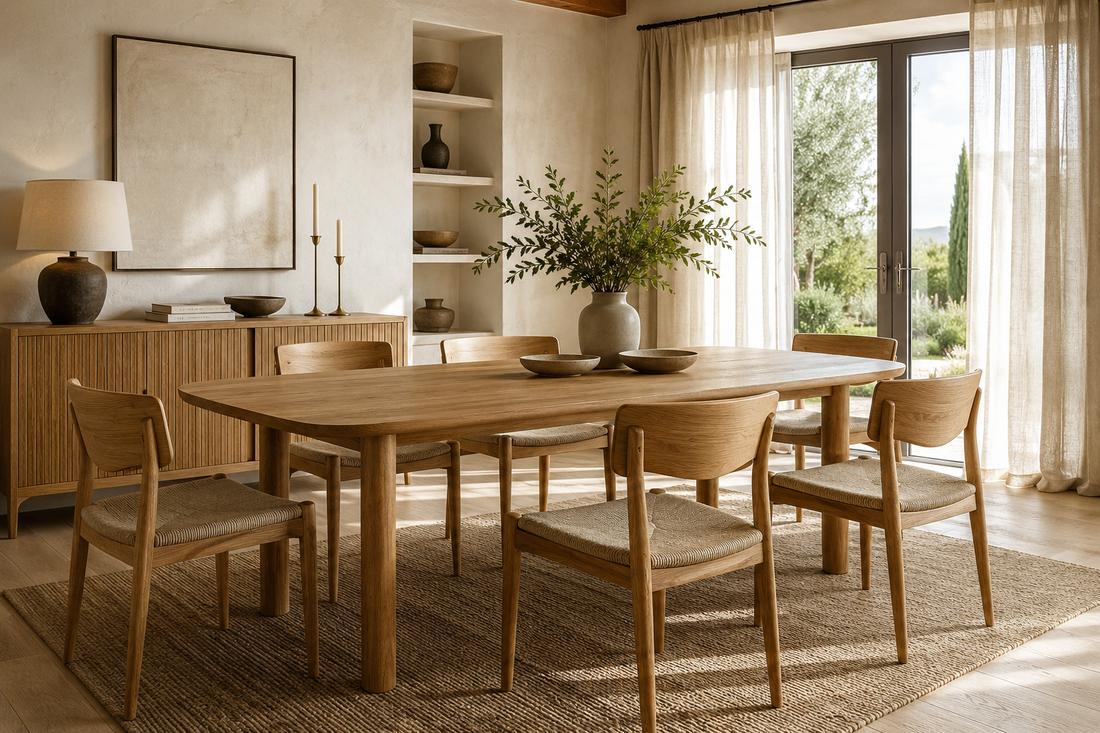 Handcrafted solid oak wooden dining chairs surrounding a natural wood dining table in a bright Scandinavian-inspired dining room with limewashed walls, linen curtains, soft morning light, and timeless minimalist interior design.