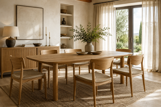 Handcrafted solid oak wooden dining chairs surrounding a natural wood dining table in a bright Scandinavian-inspired dining room with limewashed walls, linen curtains, soft morning light, and timeless minimalist interior design.