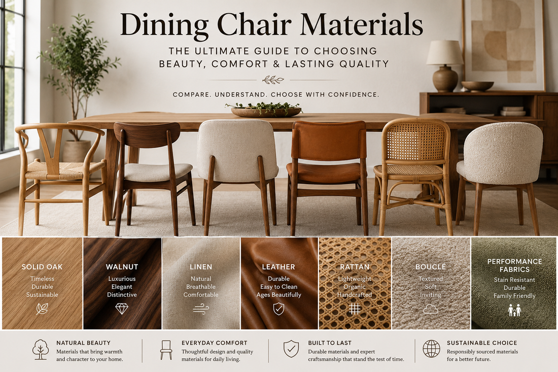 Premium dining chairs in oak, walnut, leather, linen, bouclé, rattan, and performance fabric around a solid wood dining table, illustrating the best materials for durability, comfort, and timeless interior design.