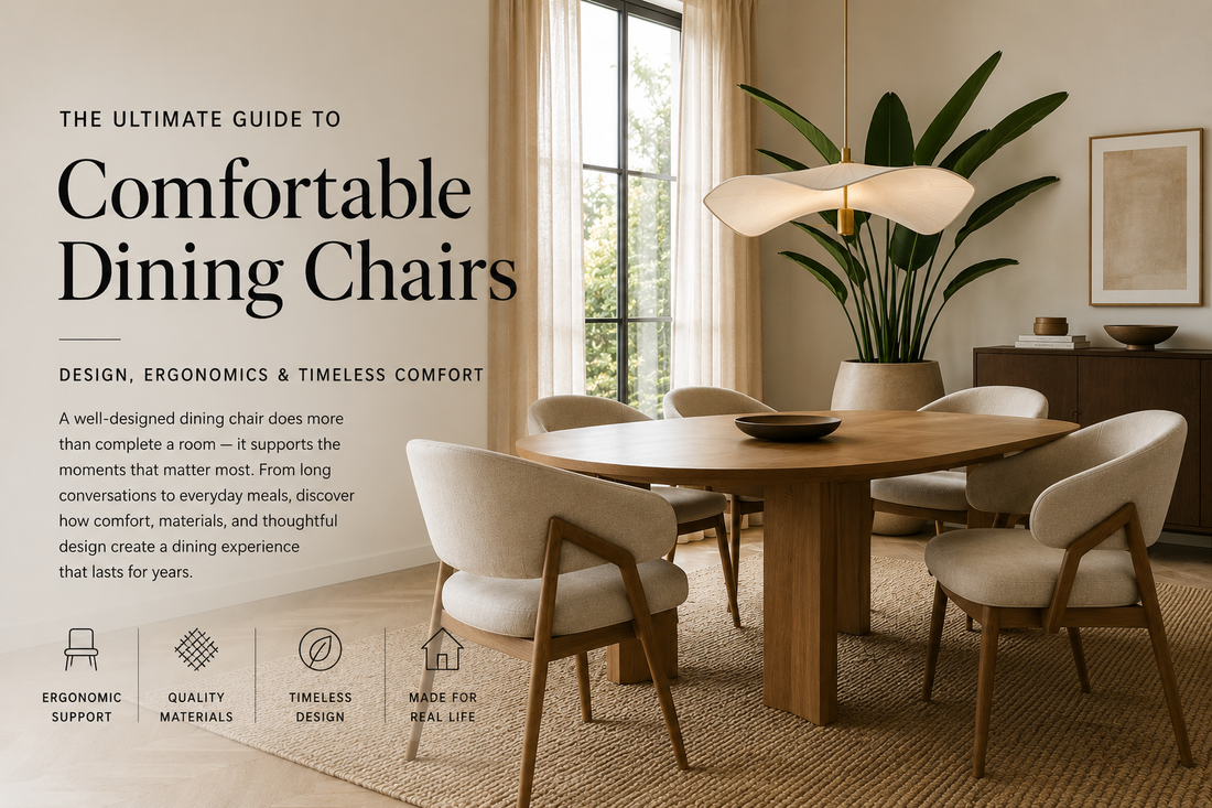 Comfortable upholstered dining chairs around a solid oak dining table in a modern Scandinavian dining room.