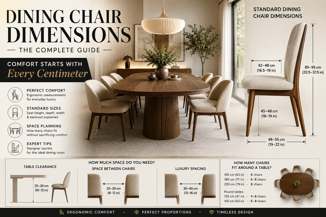 Modern dining chair with standard dimensions, ergonomic measurements and contemporary dining room interior.