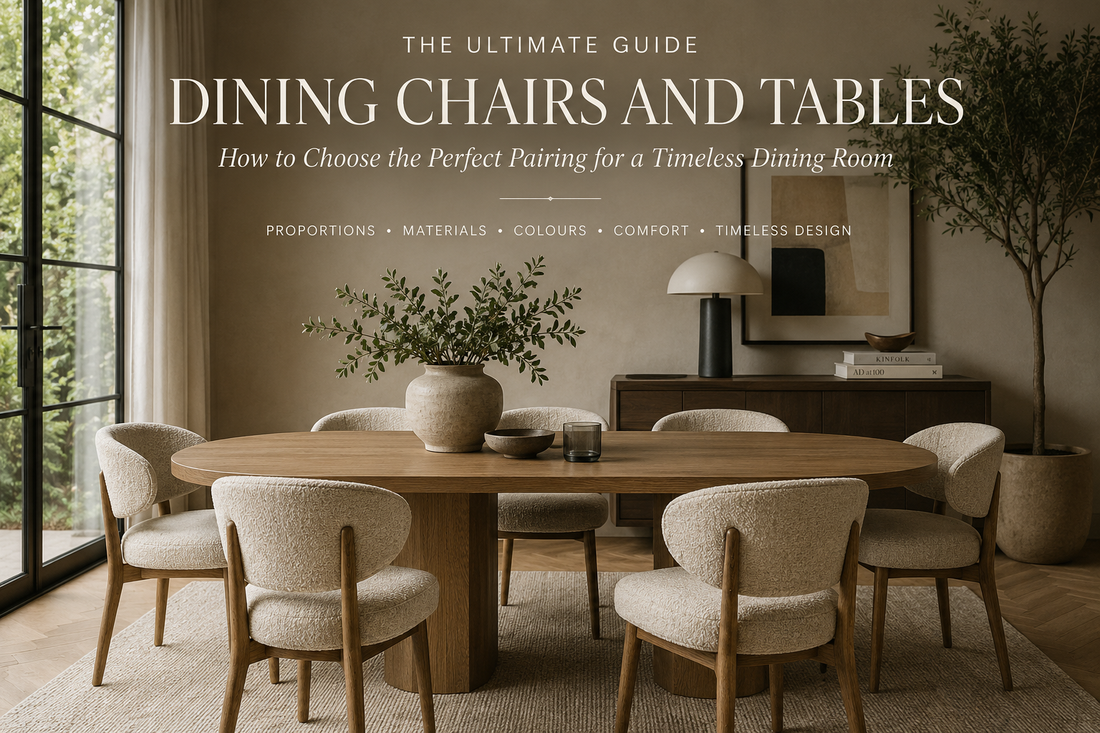 Modern dining room with a natural oak dining table, curved bouclé dining chairs, warm neutral interiors, designer pendant lighting, and organic styling showcasing timeless dining room design.