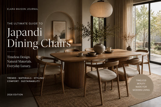 Elegant Japandi dining room with a solid oak table, upholstered dining chairs, warm natural light and timeless Scandinavian-Japanese interior design.