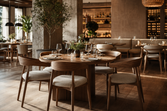 Modern restaurant interior featuring solid wood dining chairs with upholstered seats around a round oak table, warm natural lighting, premium hospitality design, earthy tones, elegant décor, and a timeless contemporary dining atmosphere.