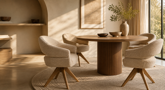 Modern upholstered dining chairs with solid oak swivel bases around a round wooden dining table in a warm minimalist dining room with natural sunlight.