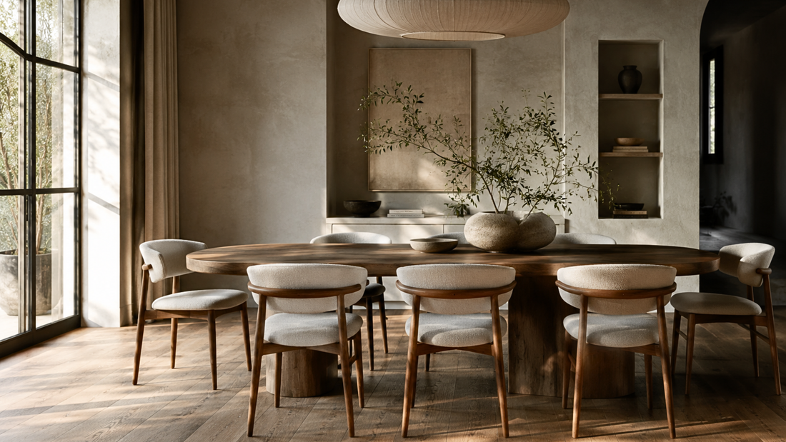 Timeless dining room with a solid oak table, upholstered wooden dining chairs, warm natural light, neutral tones, and minimalist luxury interior design.
