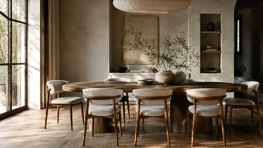 Timeless dining room with a solid oak table, upholstered wooden dining chairs, warm natural light, neutral tones, and minimalist luxury interior design.
