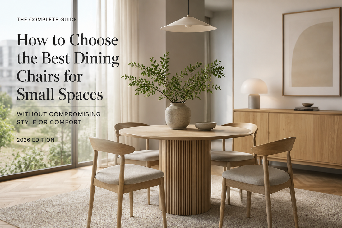 Luxury Scandinavian dining chairs in a compact apartment dining room with a round oak table, natural light, and boutique hotel-inspired interior design for small spaces.