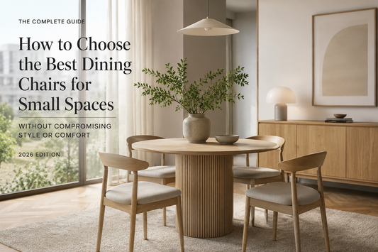 Luxury Scandinavian dining chairs in a compact apartment dining room with a round oak table, natural light, and boutique hotel-inspired interior design for small spaces.