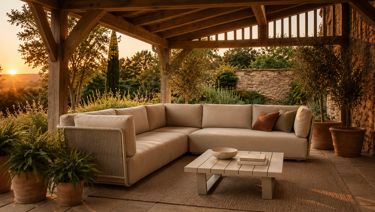 Sustainable outdoor furniture made from FSC wood and natural materials.