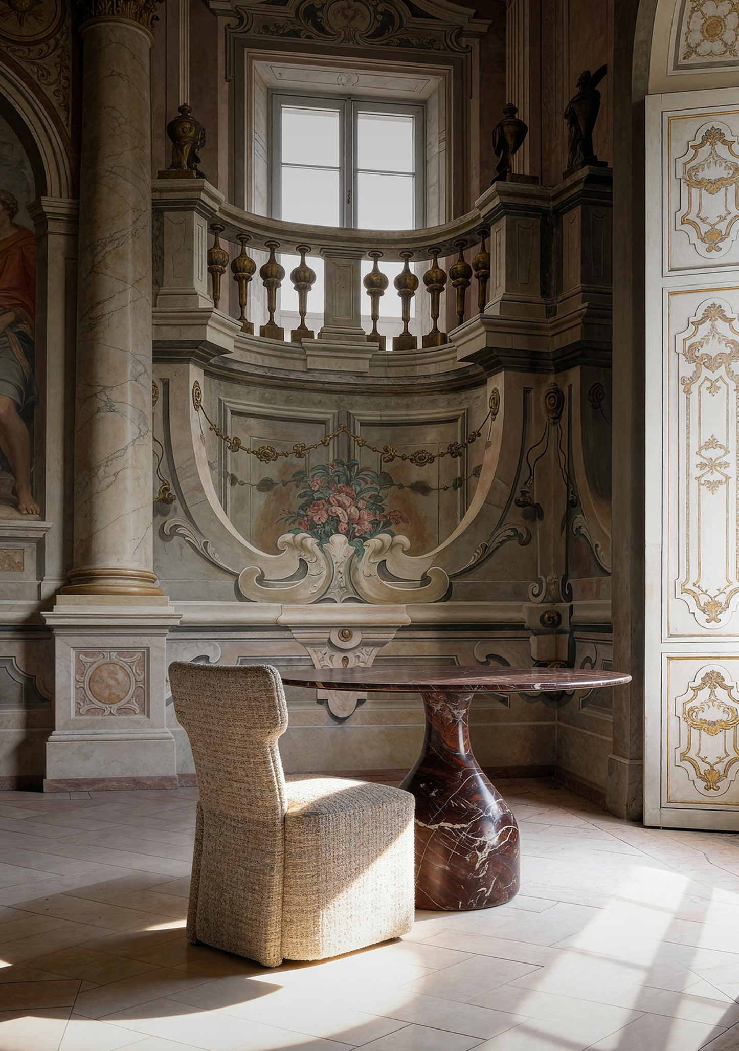 Bourg Sculptural Burgundy Marble Dining Table 140 cm