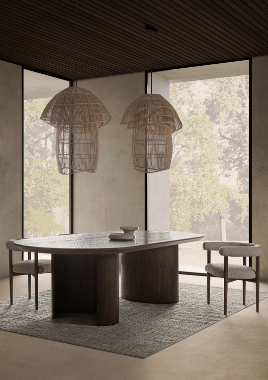 Treignac sculptural oak dining table 270 cm styled in a contemporary dining room