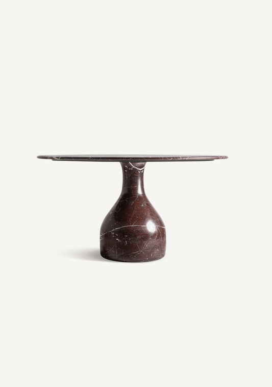 Bourg sculptural round dining table in glossy burgundy marble, 140 cm