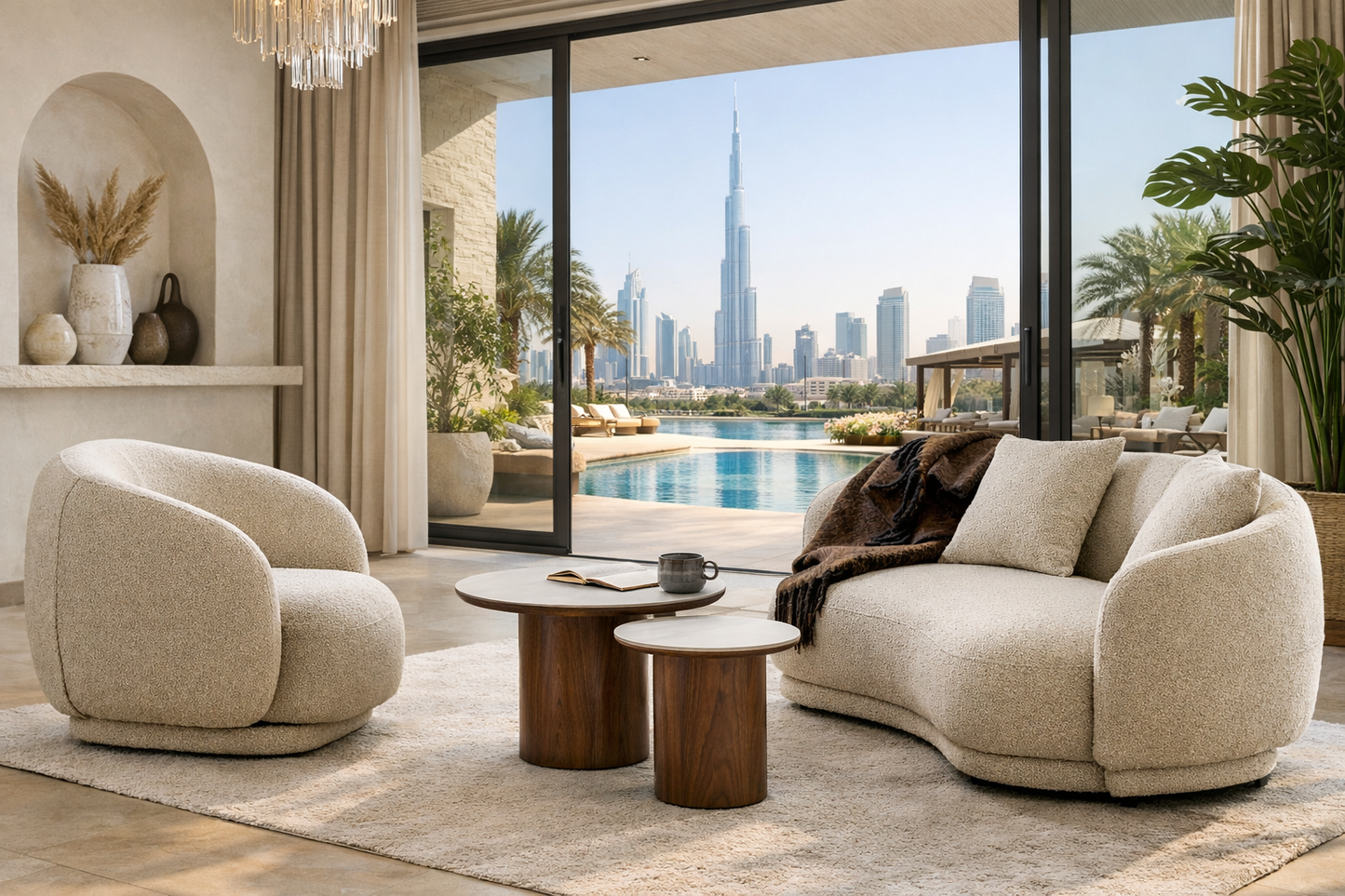 Hawkes Swivel Lounge Chair – Sand Bouclé Texture