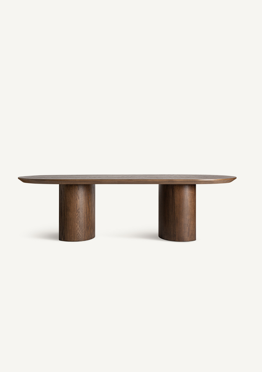 Treignac sculptural oak dining table 270 cm with dual pedestal base, front view