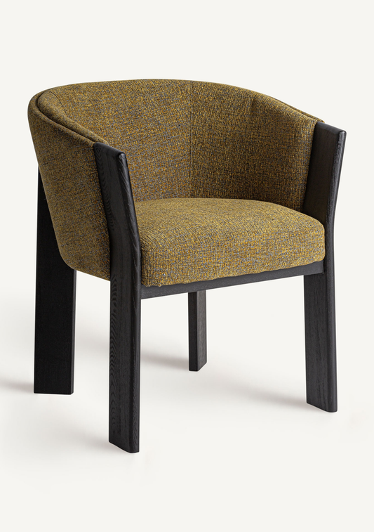 Nara dining chair in black solid oak with mustard textured upholstery