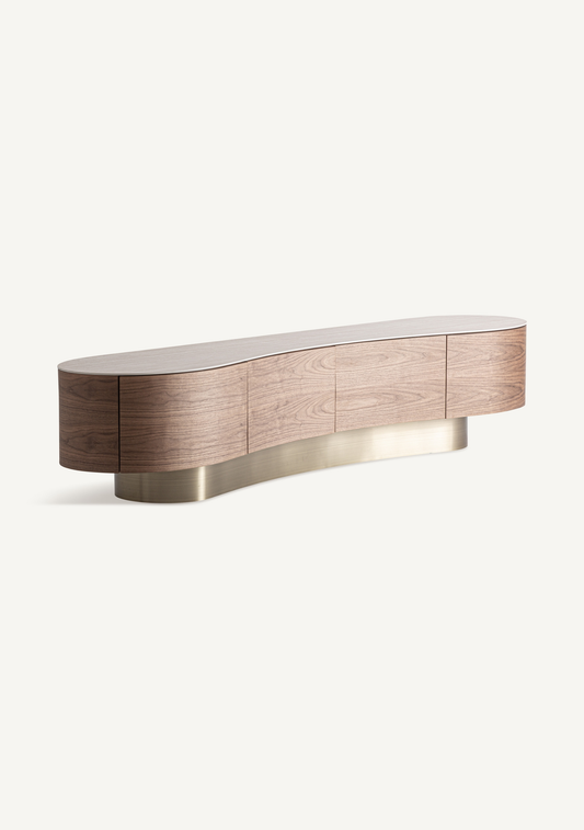 Noirmont Travertine & Wood TV Stand – Brown & Gold - Elara Maison