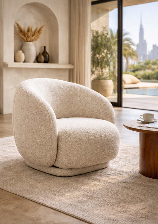 Hawkes Swivel Lounge Chair – Sand Bouclé Texture