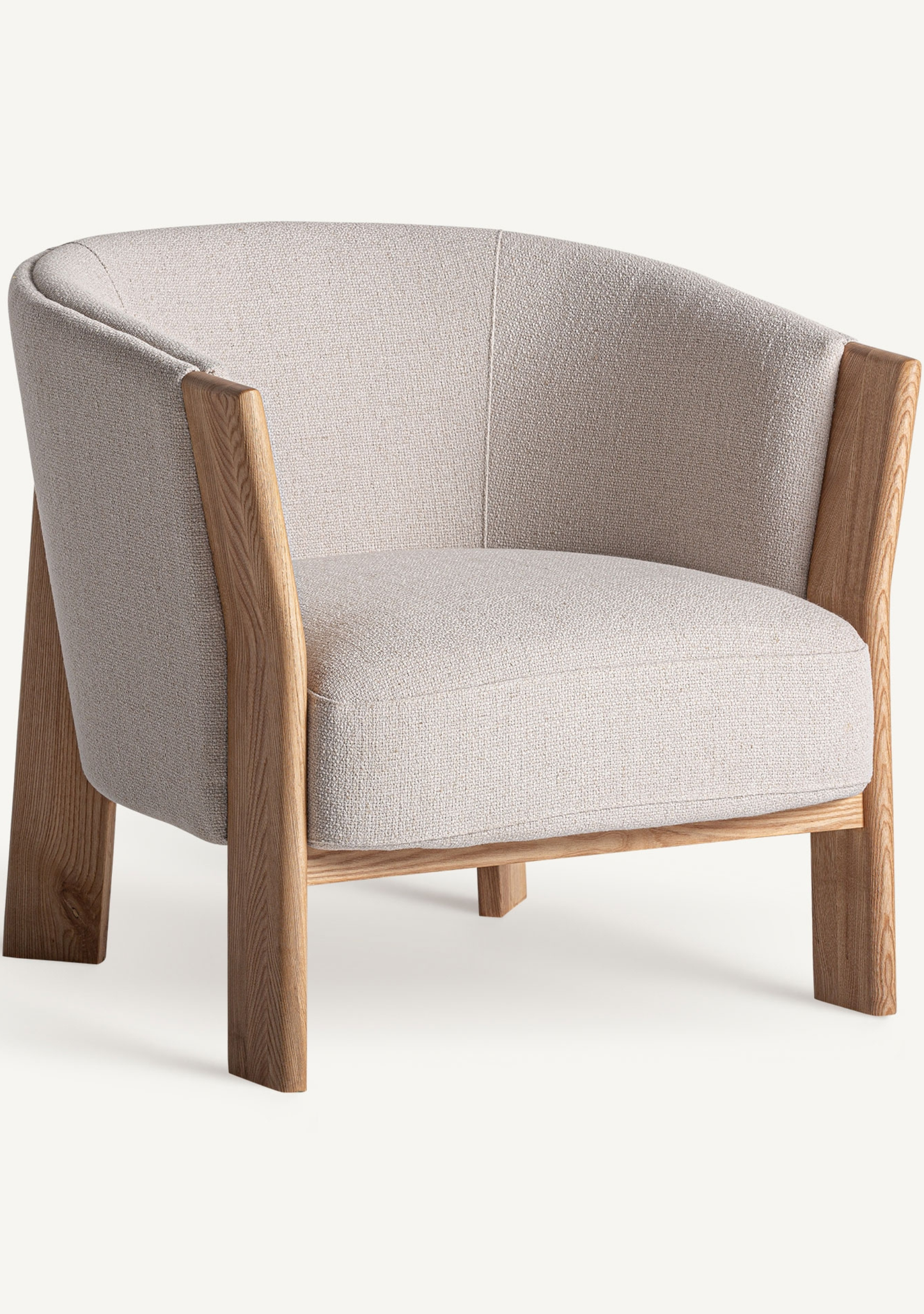 Nara Designer Lounge Armchair in Beige Chenille & Solid Oak