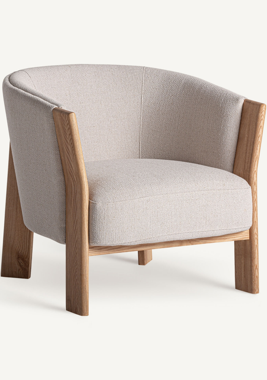 Nara Designer Lounge Armchair in Beige Chenille & Solid Oak