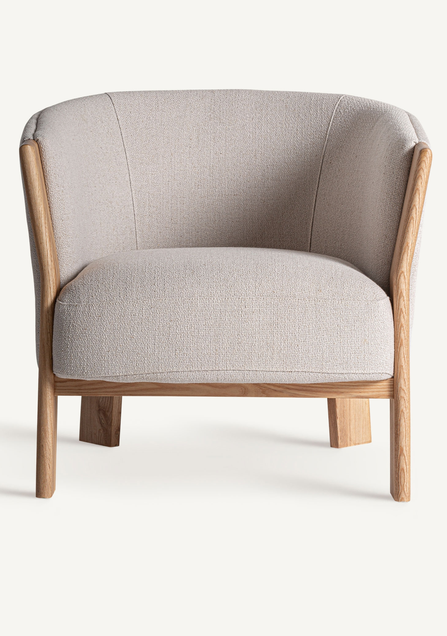 Nara Designer Lounge Armchair in Beige Chenille & Solid Oak