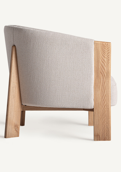 Nara Designer Lounge Armchair in Beige Chenille & Solid Oak