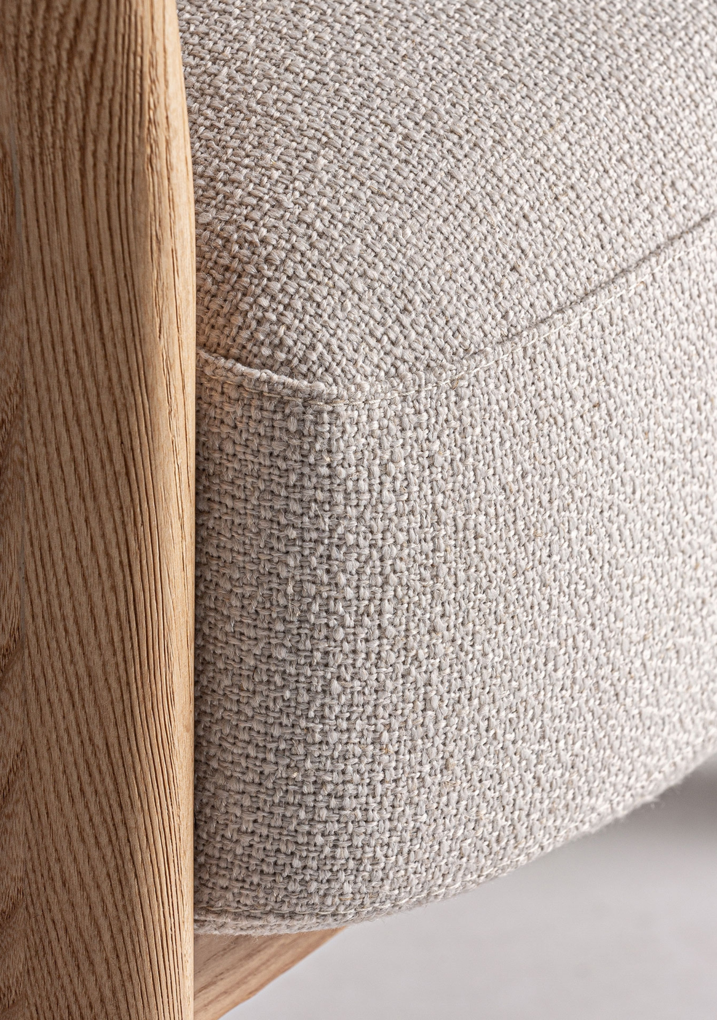 Nara Designer Lounge Armchair in Beige Chenille & Solid Oak