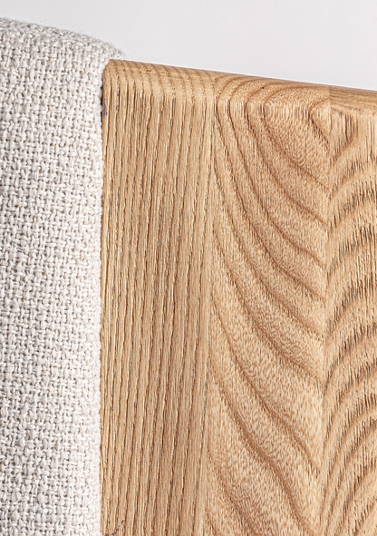 Nara Designer Lounge Armchair in Beige Chenille & Solid Oak