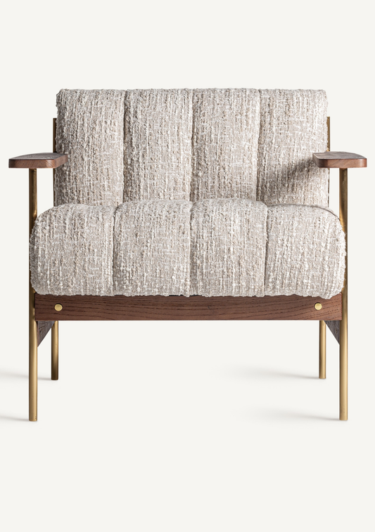 Habouey Luxury Lounge Armchair with Beige Textured Upholstery & Gold Accents