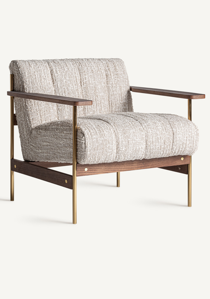 Habouey Luxury Lounge Armchair with Beige Textured Upholstery & Gold Accents - Elara Maison