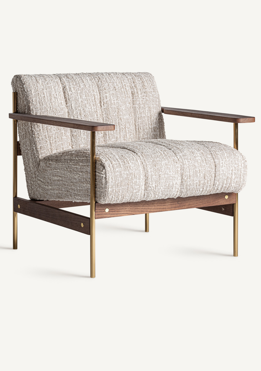 Habouey Luxury Lounge Armchair with Beige Textured Upholstery & Gold Accents