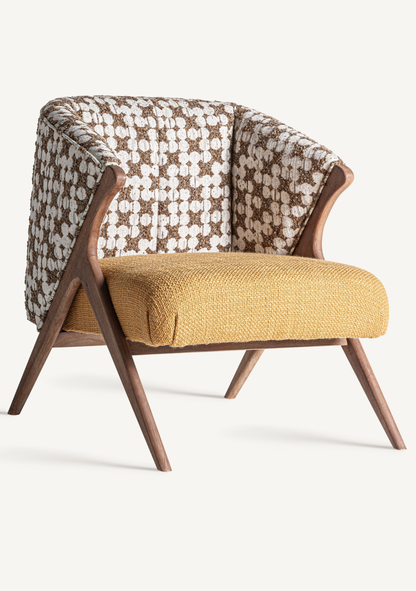 Kalesha Designer Lounge Armchair with Ochre Upholstery & Patterned Backrest