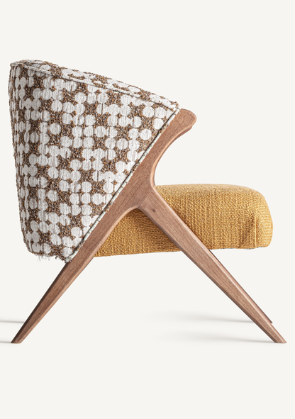 Kalesha Designer Lounge Armchair with Ochre Upholstery & Patterned Backrest