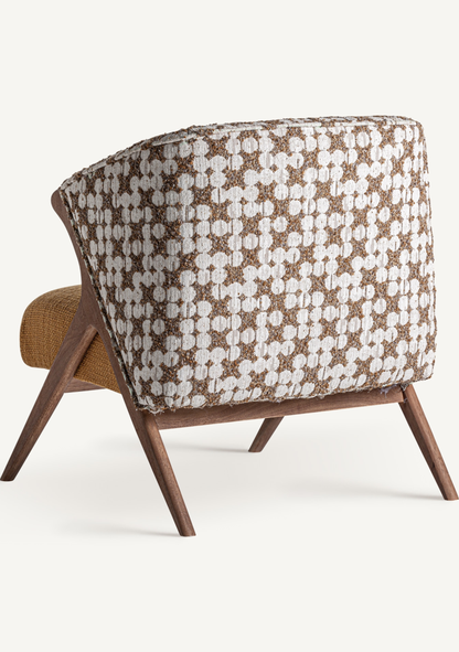 Kalesha Designer Lounge Armchair with Ochre Upholstery & Patterned Backrest