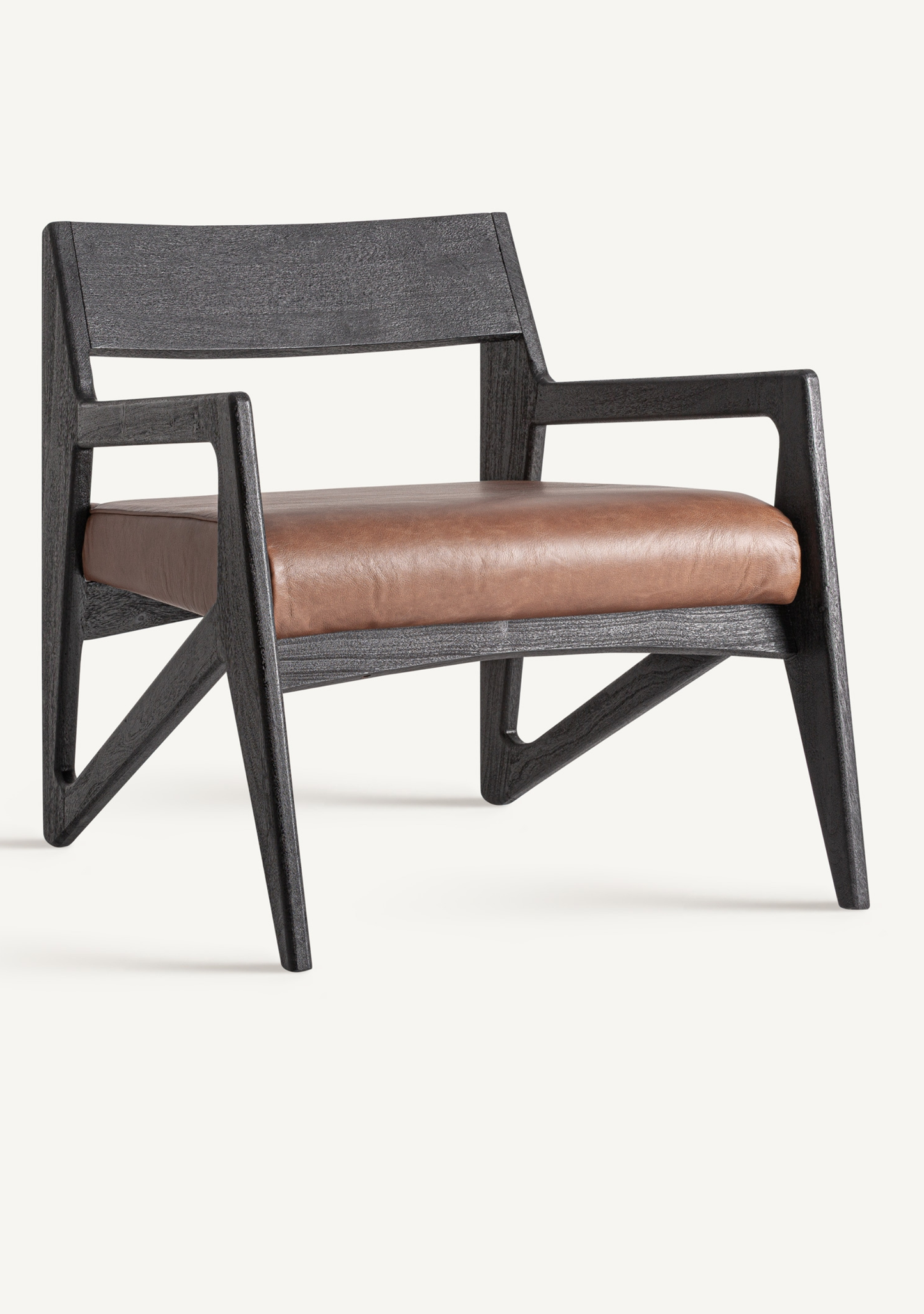 Beslon Designer Lounge Armchair in Black Acacia Wood & Brown Leather