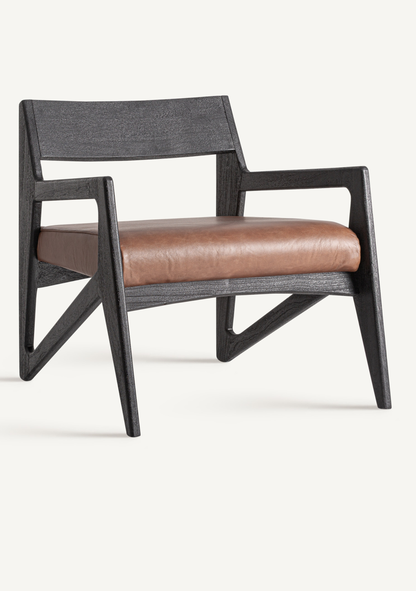 Beslon Designer Lounge Armchair in Black Acacia Wood & Brown Leather