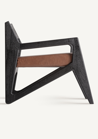 Beslon Designer Lounge Armchair in Black Acacia Wood & Brown Leather