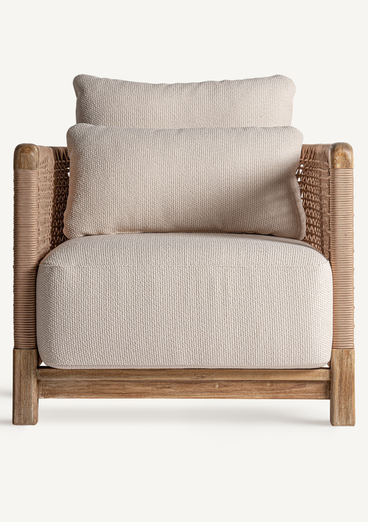 Trena Luxury Outdoor Lounge Armchair in Recycled Teak & Handwoven Rope