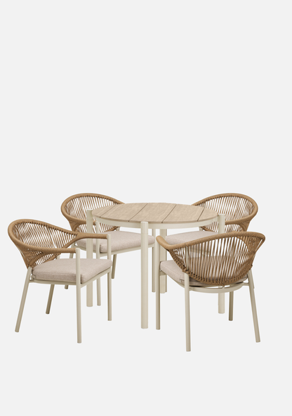 Abela Outdoor Dining Set – Sand Aluminium & Natural Rattan (4-Seater)
