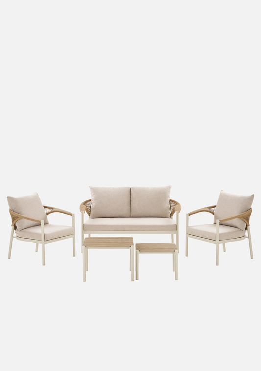 Abela Outdoor Lounge Set – Sand Aluminium & Natural Rattan