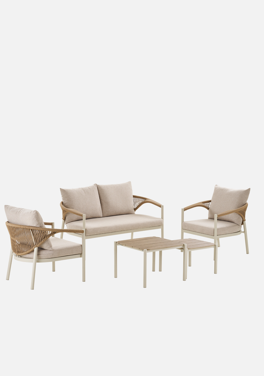 Abela Outdoor Lounge Set – Sand Aluminium & Natural Rattan - Elara Maison