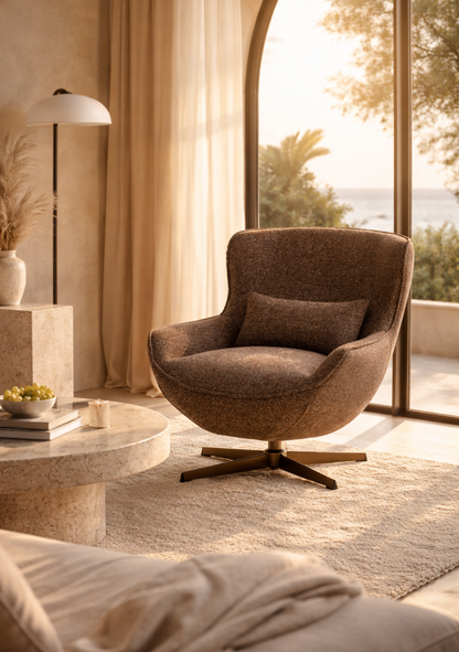 Blenheim Lounge Chair with Swivel – Brown Upholstery & Bronze Base, FSC® Certified