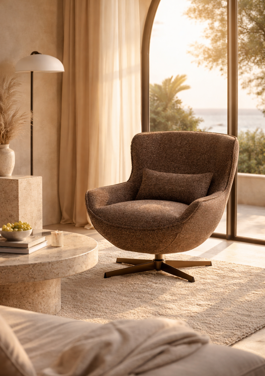 Blenheim Lounge Chair with Swivel – Brown Upholstery & Bronze Base, FSC® Certified