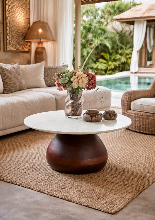 Heide Sculptural Coffee Table – Marble & Solid Mango Wood