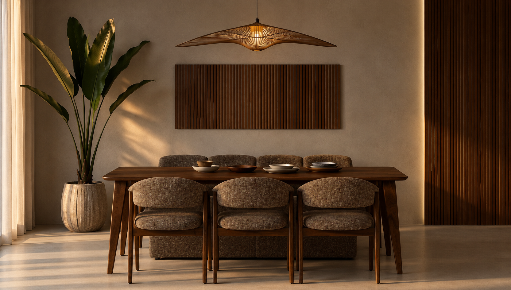 Warm minimalist dining room with walnut table, upholstered chairs, natural beige wall, wooden wall panel, large indoor plant and soft evening light.